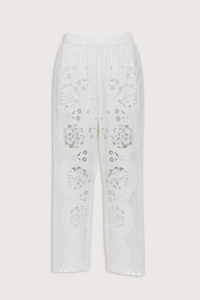 flat lay Gardener Embroidered Pants white Floral embroidery throughout
Sheer side panels
Delicate cutout detailing
Elasticized waistband
Softly tapered silhouette cotton nylon polyester blend