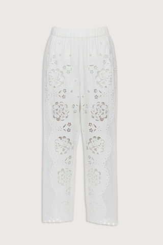 flat lay Gardener Embroidered Pants white Floral embroidery throughout
Sheer side panels
Delicate cutout detailing
Elasticized waistband
Softly tapered silhouette cotton nylon polyester blend