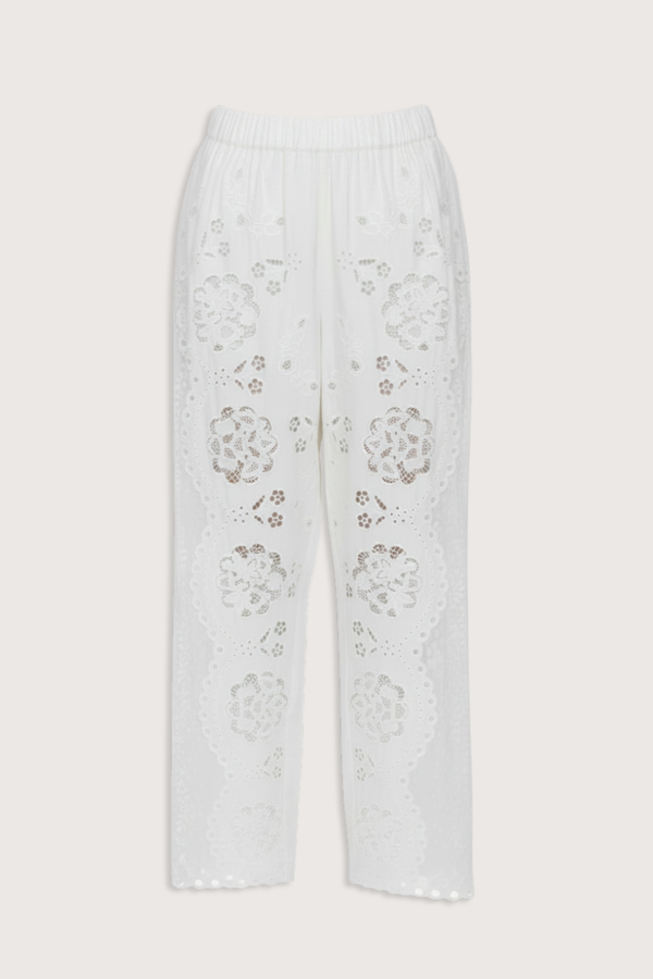 flat lay Gardener Embroidered Pants white Floral embroidery throughout
Sheer side panels
Delicate cutout detailing
Elasticized waistband
Softly tapered silhouette cotton nylon polyester blend