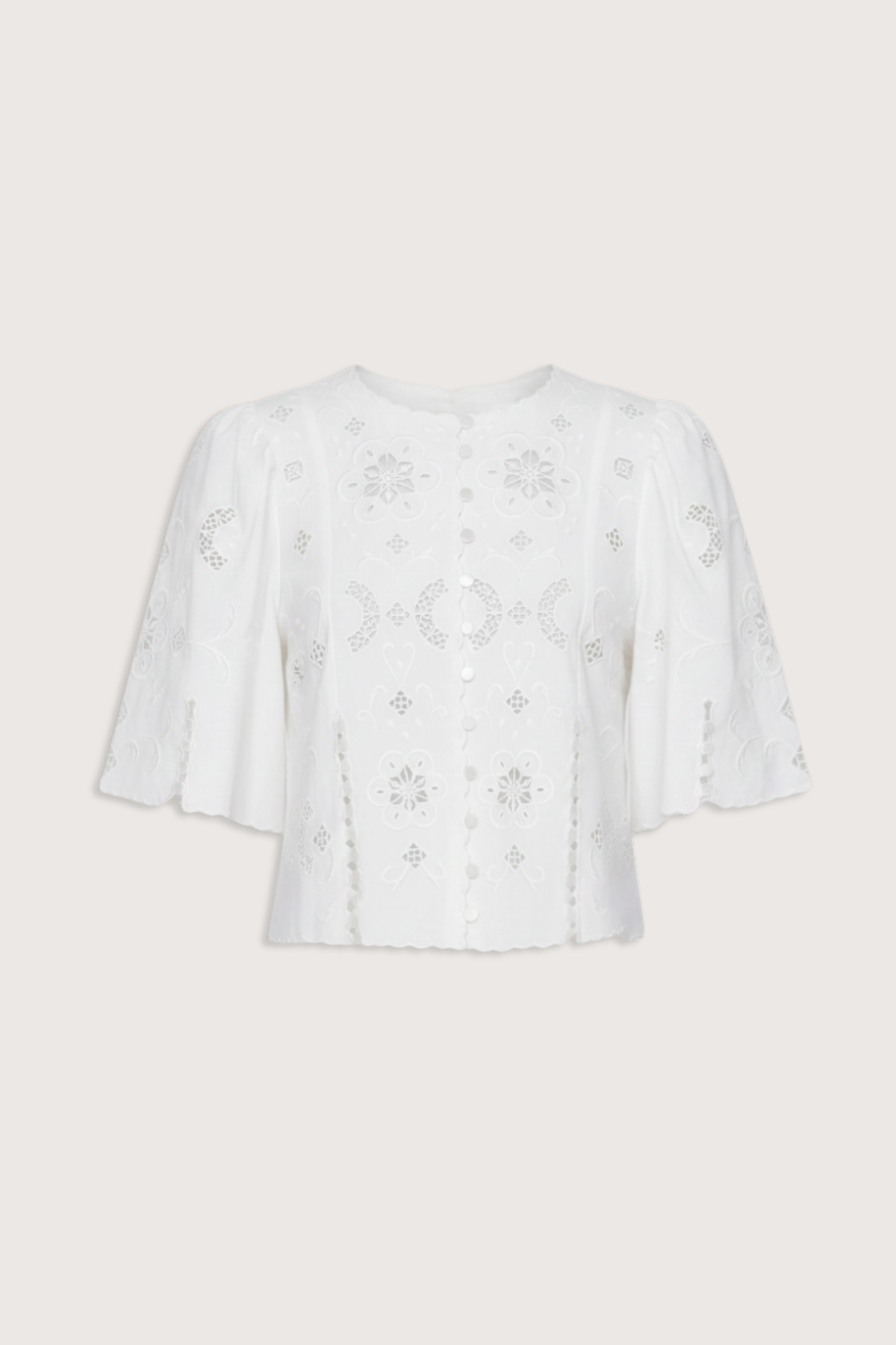 flat lay Gardener Embroidered Short Sleeve Top white Eyelet detailing throughout
Scalloped edges
Flowing short sleeves
Cropped silhouette
Mother of pearl buttons
 cotton linen blenc