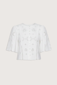flat lay Gardener Embroidered Short Sleeve Top white Eyelet detailing throughout
Scalloped edges
Flowing short sleeves
Cropped silhouette
Mother of pearl buttons
 cotton linen blenc