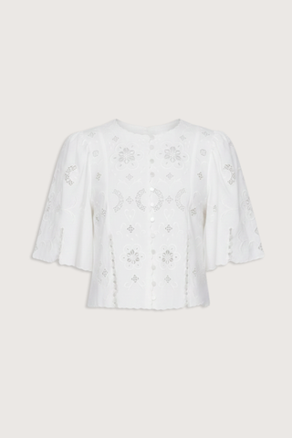 flat lay Gardener Embroidered Short Sleeve Top white Eyelet detailing throughout
Scalloped edges
Flowing short sleeves
Cropped silhouette
Mother of pearl buttons
 cotton linen blenc