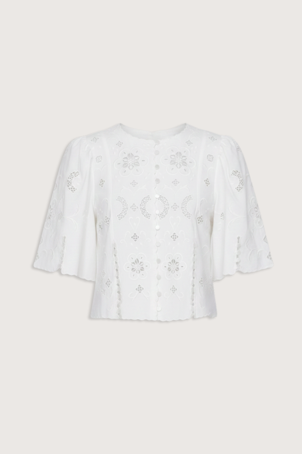 flat lay Gardener Embroidered Short Sleeve Top white Eyelet detailing throughout
Scalloped edges
Flowing short sleeves
Cropped silhouette
Mother of pearl buttons
 cotton linen blenc