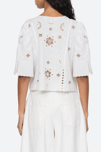 back profile model wearing Gardener Embroidered Short Sleeve Top white Eyelet detailing throughout
Scalloped edges
Flowing short sleeves
Cropped silhouette
Mother of pearl buttons
 cotton linen blenc