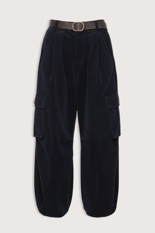 flat lay Garrett Pants navy Relaxed cargo-inspired silhouette
Finished with a removable leather belt
Adjustable drawstring hems
Side pockets with button closure
98% cotton, 2% spandex
Button and zipper closure
Relaxed fit
Slim waist