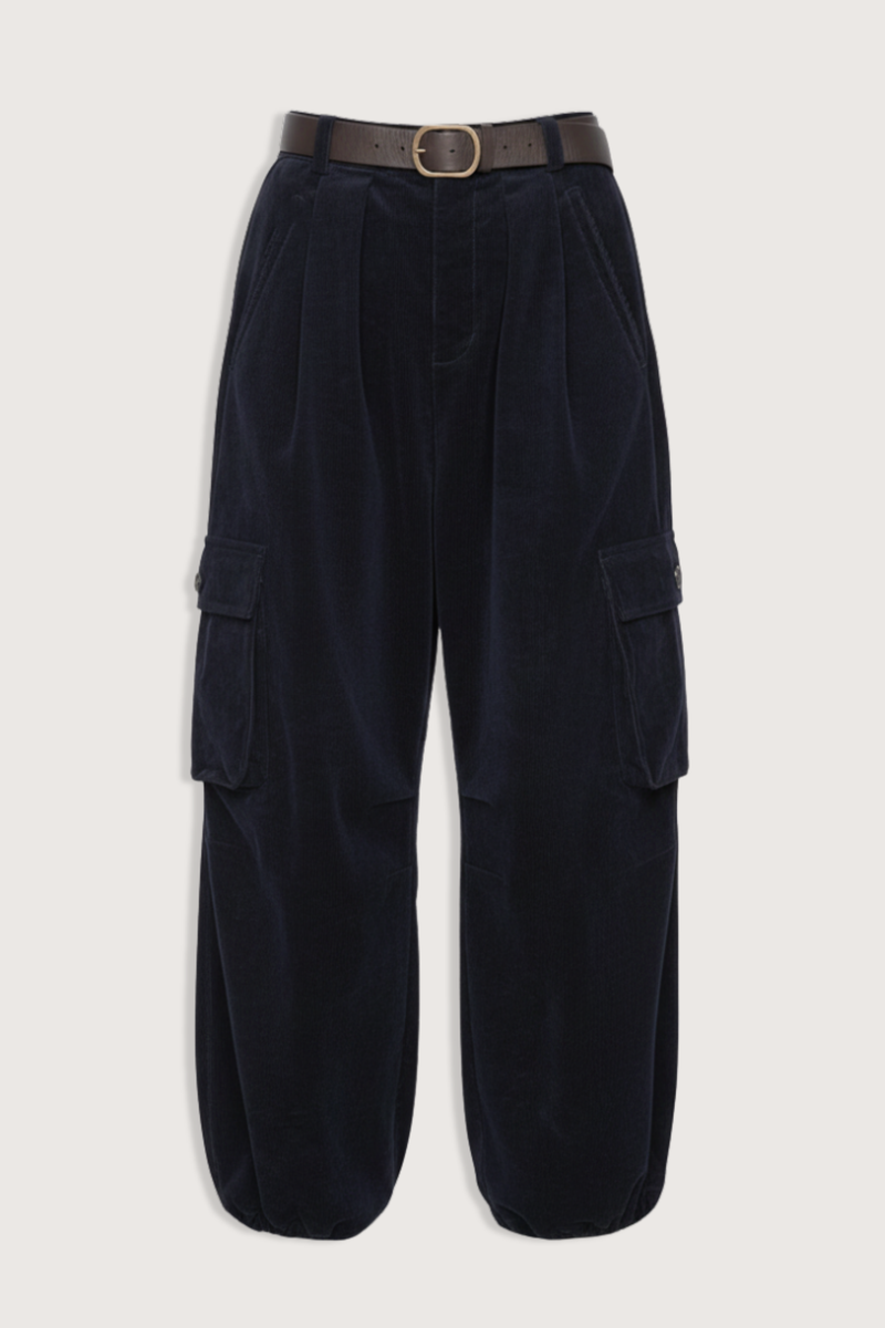 flat lay Garrett Pants navy Relaxed cargo-inspired silhouette
Finished with a removable leather belt
Adjustable drawstring hems
Side pockets with button closure
98% cotton, 2% spandex
Button and zipper closure
Relaxed fit
Slim waist