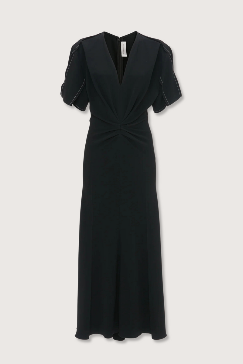 flat lay Gathered V-Neck Midi Dress Black