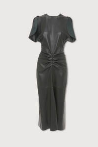 flat lay Gathered Waist Midi black Dress lamb leather