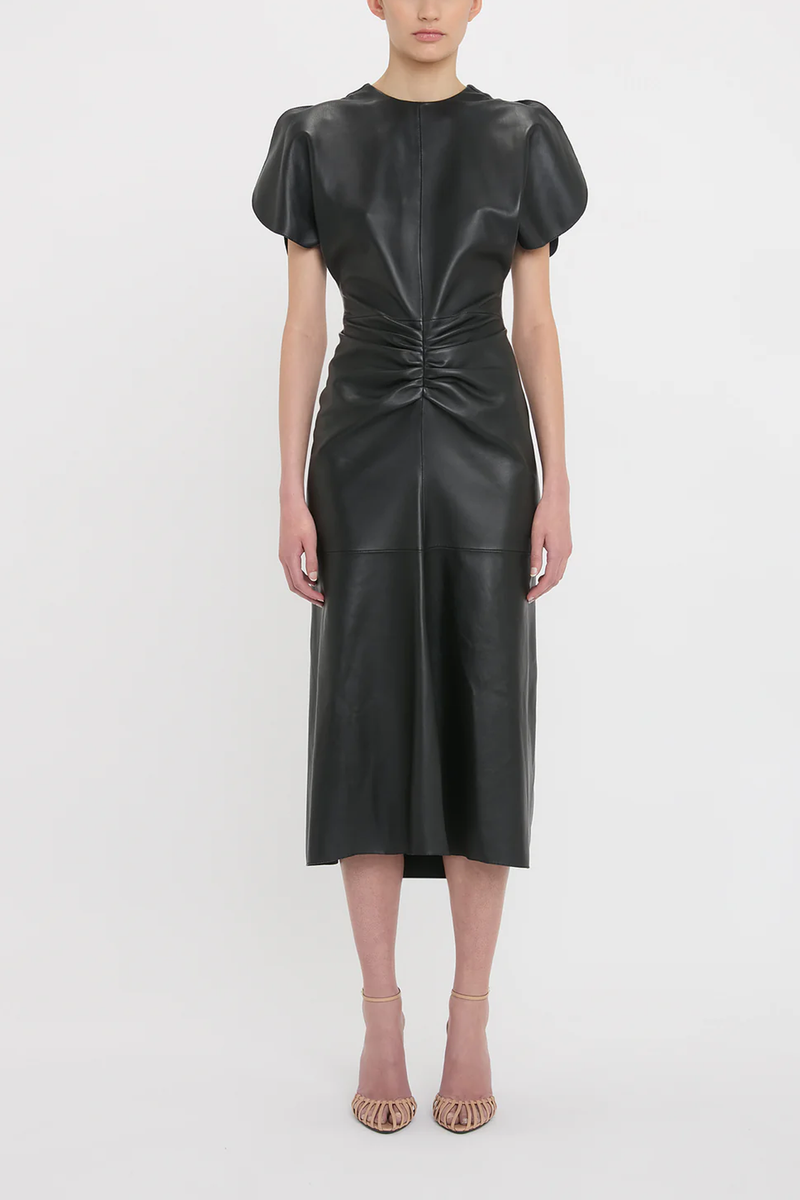 front profile model wearing Gathered Waist Midi black Dress lamb leather