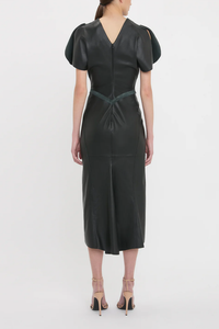 back profile model wearing Gathered Waist Midi black Dress lamb leather