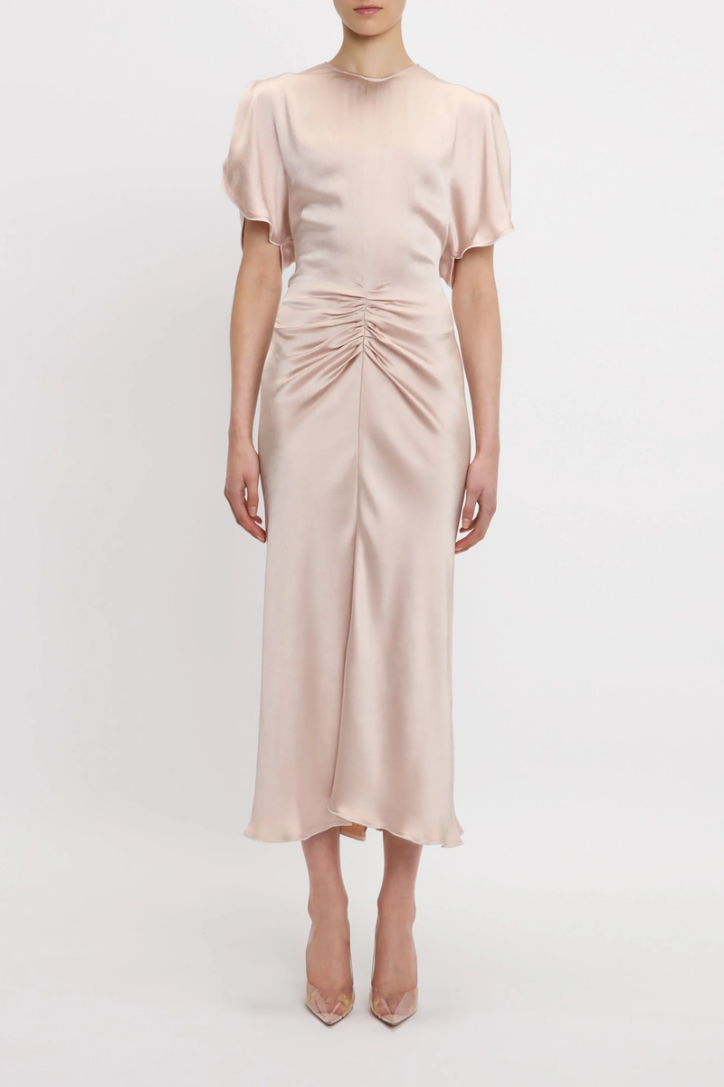 front profile model wearing Gathered Waist Midi Dress Blush/Apricot