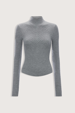 flat lay Georgia Sweater grey marl Ribbed 
Tonal VB tab on the back neck
High Neck & high hip length
Fine merino wool in rib stich
VB embroidered logo
100% Merino Wool