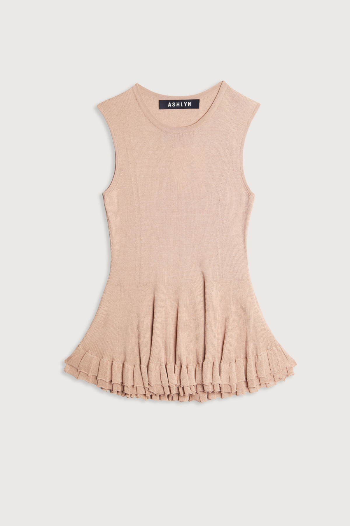 flat lay Greer Sheer Double Hem Tan  top Sleeveless
Double Hem
Slight flare
Crew Neck