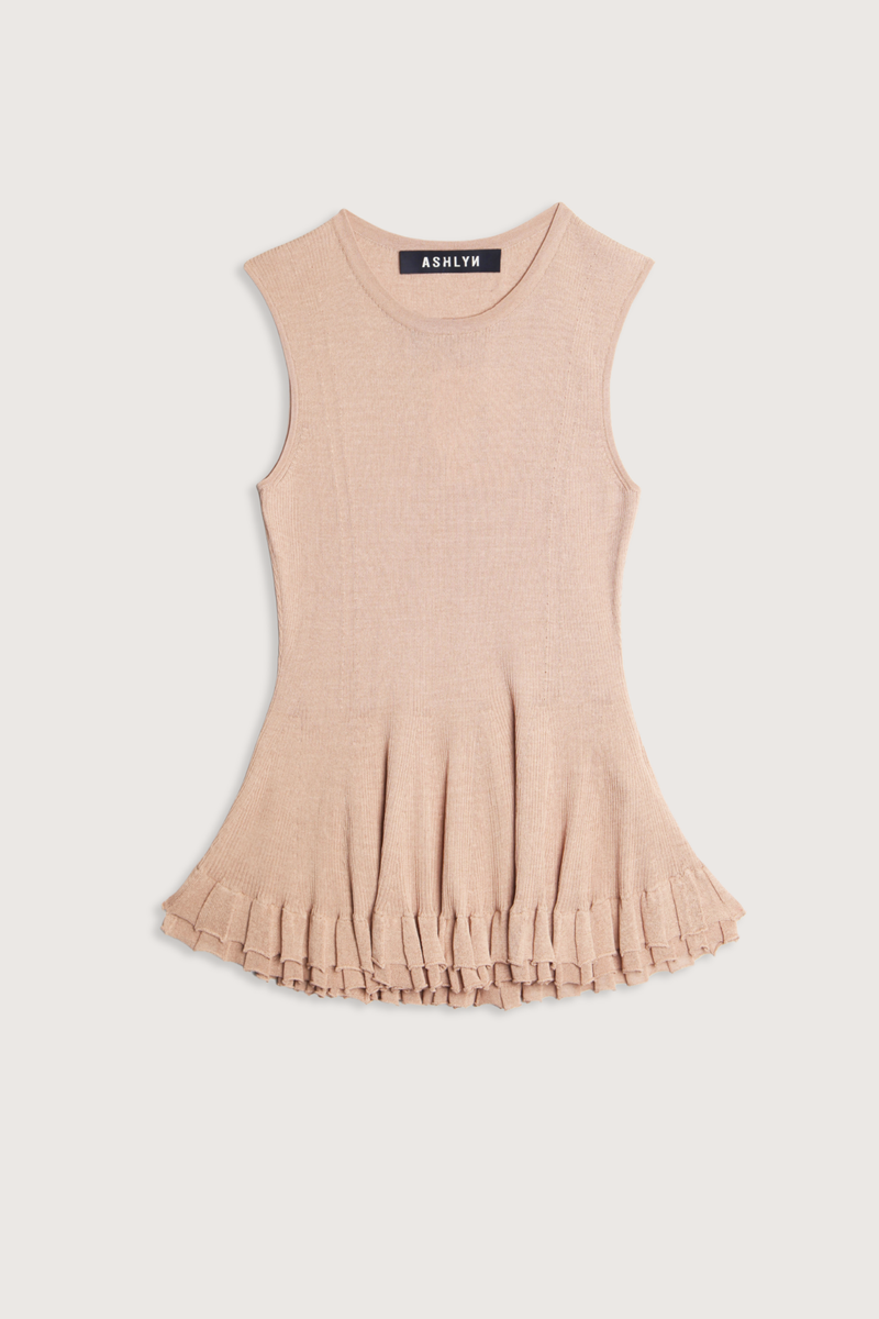 flat lay Greer Sheer Double Hem Tan  top Sleeveless
Double Hem
Slight flare
Crew Neck