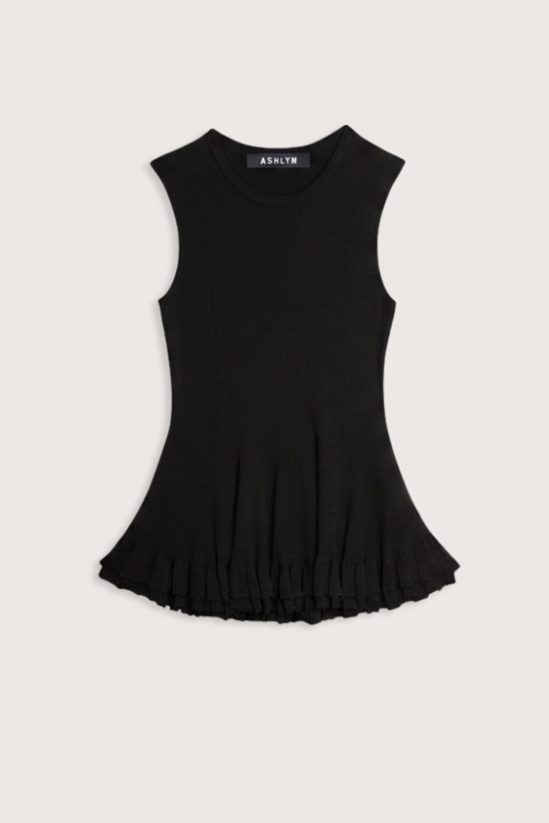 flat lay Greer Sheer Double Hem Top Black Sleeveless
Double Hem
Slight flare
Crew Neck