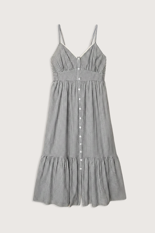 flat lay Greta Gingham Dress black sand cotton Balboa Gingham Mini Check
Button-front
Midi dress
V-neck
Adjustable straps
Fitted bodice
Tiered skirt
Side seam pockets
Smocked back