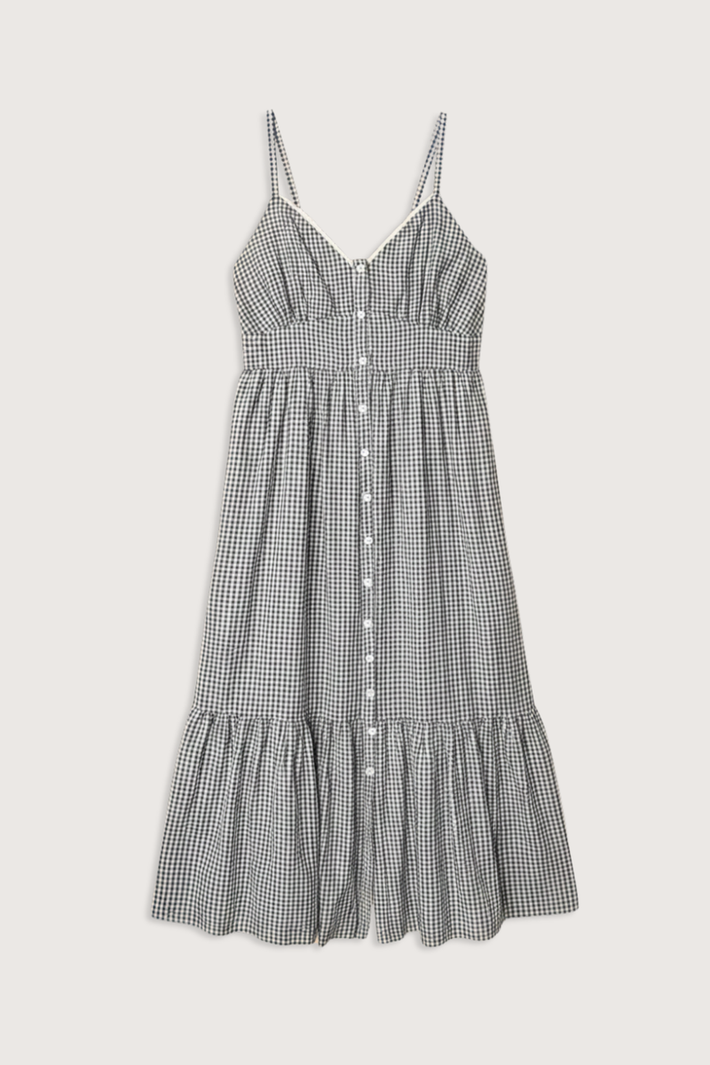flat lay Greta Gingham Dress black sand cotton Balboa Gingham Mini Check
Button-front
Midi dress
V-neck
Adjustable straps
Fitted bodice
Tiered skirt
Side seam pockets
Smocked back