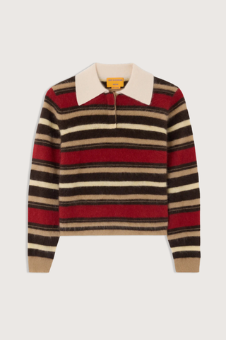 flat lay Grizzly Cropped Rugby Polo carmine reg camel brown stripe combo  Rugby style
Knit from light-weight 100% cashmere
Cropped fit
Light-weight grizzly
Rib polo collar
Three button hidden half placket
Rib cuffs


