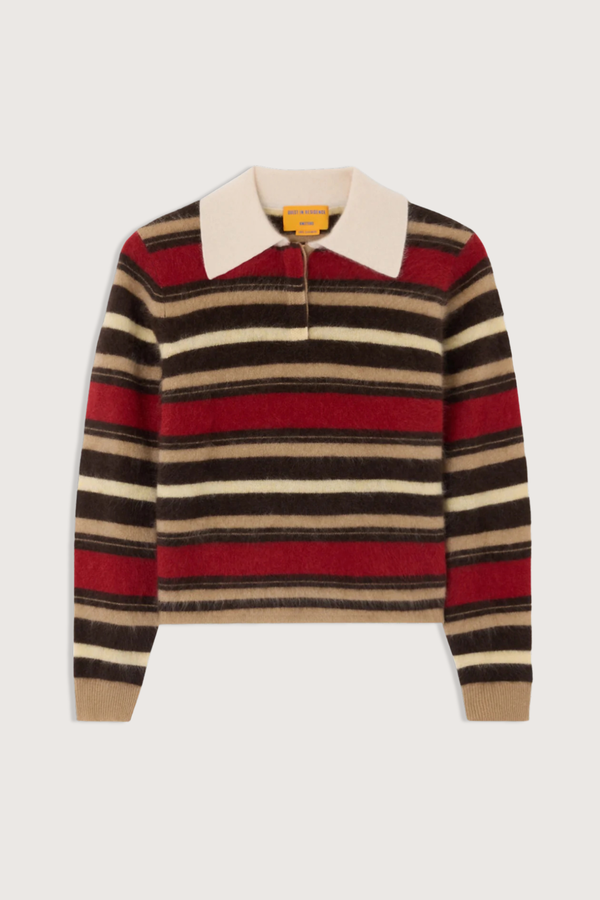 flat lay Grizzly Cropped Rugby Polo carmine reg camel brown stripe combo  Rugby style
Knit from light-weight 100% cashmere
Cropped fit
Light-weight grizzly
Rib polo collar
Three button hidden half placket
Rib cuffs


