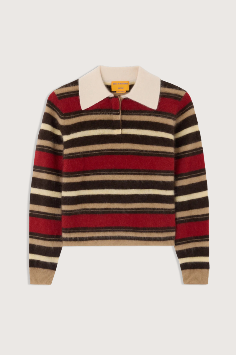 flat lay Grizzly Cropped Rugby Polo carmine reg camel brown stripe combo  Rugby style
Knit from light-weight 100% cashmere
Cropped fit
Light-weight grizzly
Rib polo collar
Three button hidden half placket
Rib cuffs


