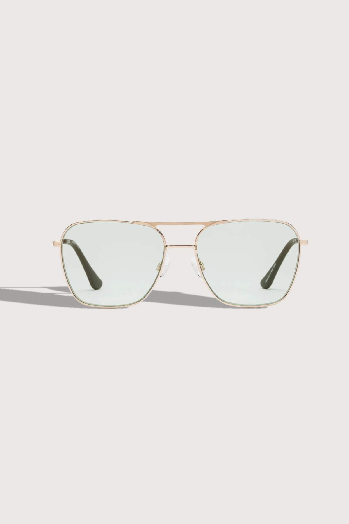 flat lay HOOPER Reading Glasses Polished Gold frame Green lens aviator style