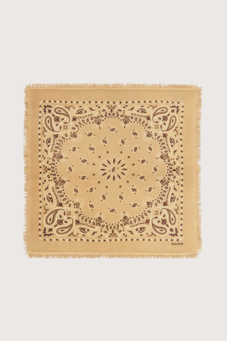 flat lay Hachiko Bico Bandana Scarf Latte/Anise Bandana two-toned printed

Composition: 100% cashmere
2 -ply printed jersey knitting
Dimensions: Length : 92 cm | Width : 92 cm