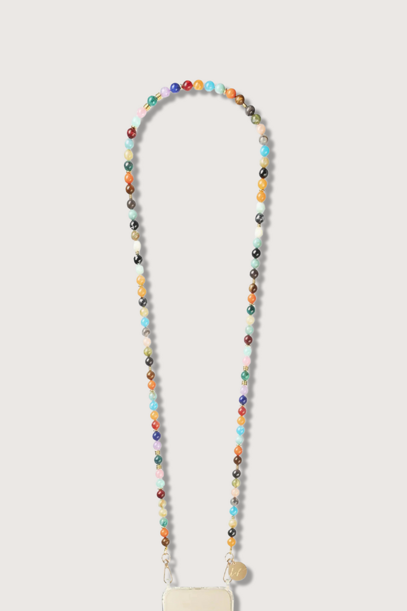 flat lay Harper Long Chain For Phone 47" length multi-colored bead