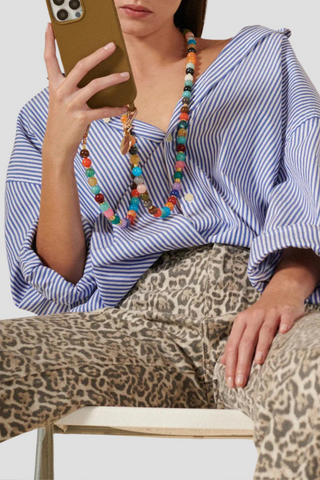 model wearing Harper Long Chain For Phone 47" length multi-colored bead