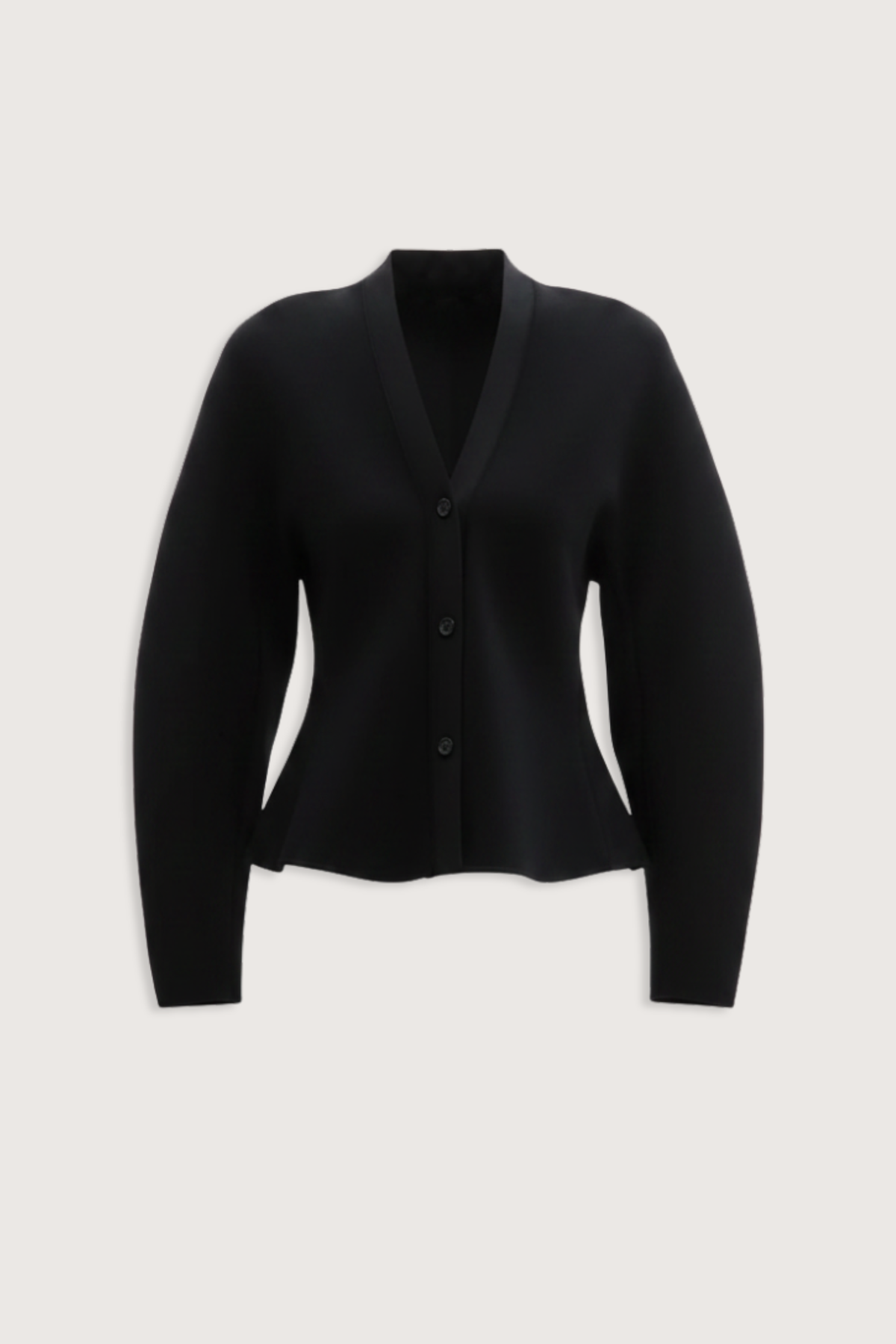 flat lay Henry Knit Cardigan black Compact knitted
Structured viscose yarn
Elegant rounded shoulder
Flared peplum hem front button closure