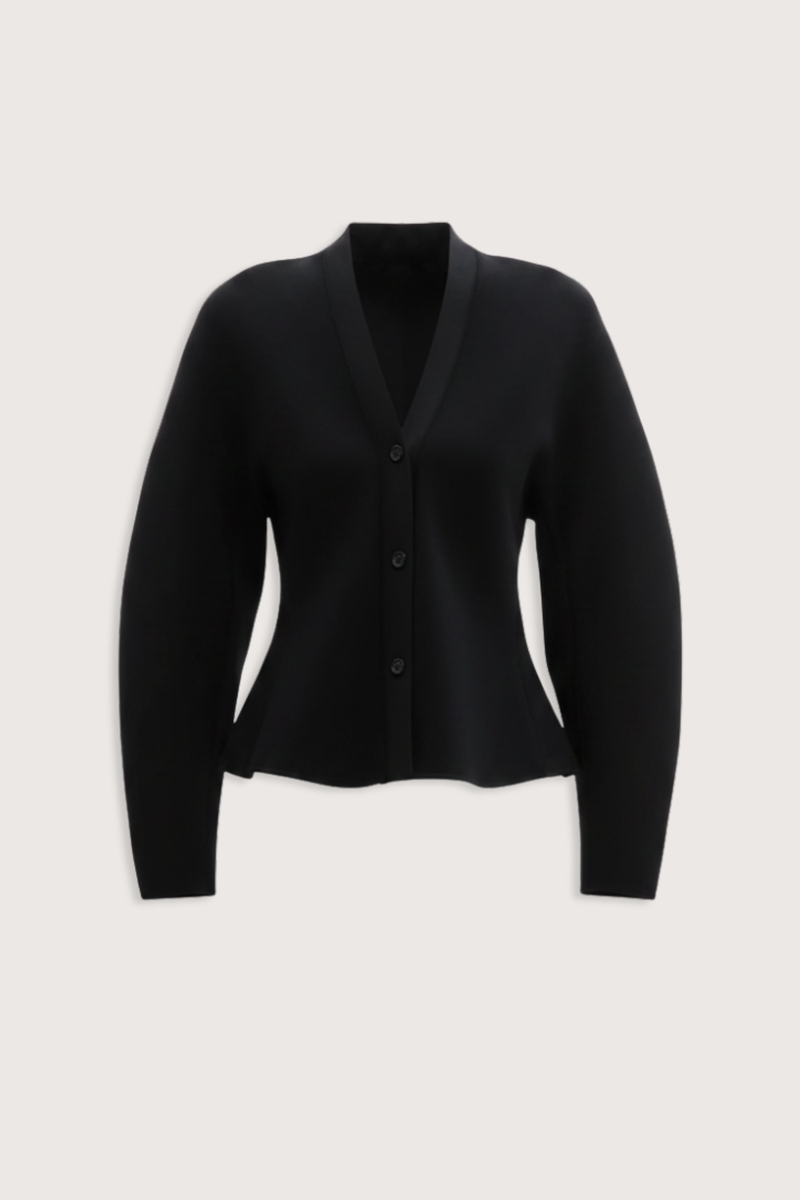 flat lay Henry Knit Cardigan black Compact knitted
Structured viscose yarn
Elegant rounded shoulder
Flared peplum hem front button closure