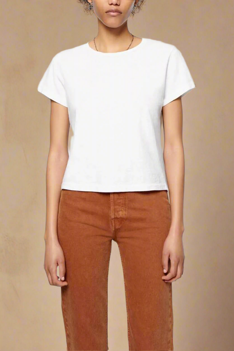 front profile model wearing Heritage Classic cotton crewneck Tee Vintage White