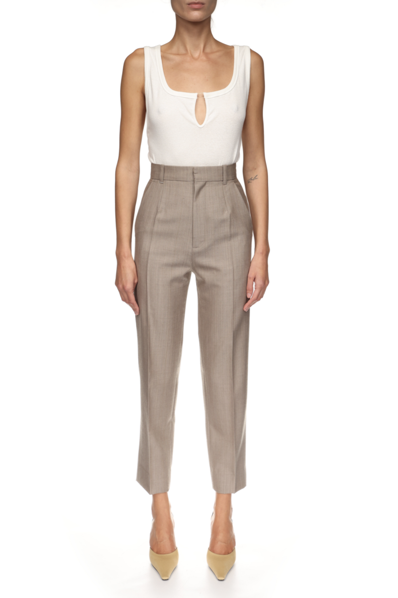 front profile model wearing High Waisted 3/4 Trouser limestone
slim tailored fit
100% Wool
Clasp closure
belt loop
zip closure