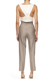 back profile model wearing High Waisted 3/4 Trouser limestone
slim tailored fit
100% Wool
Clasp closure
belt loop
zip closure
