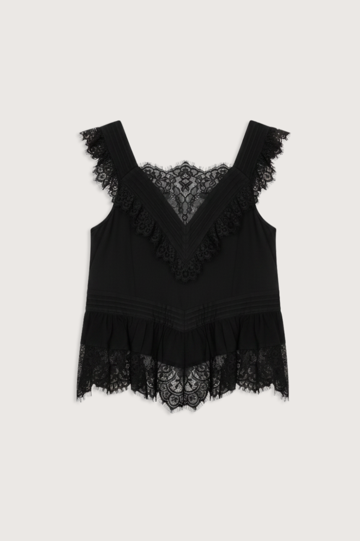 flat lay Hilda Solid Sleeveless Top Black Soft v-neckline
Framed with floral lace trim
Fine pleated detailing
cotton nylon blend
Invisible side zipper