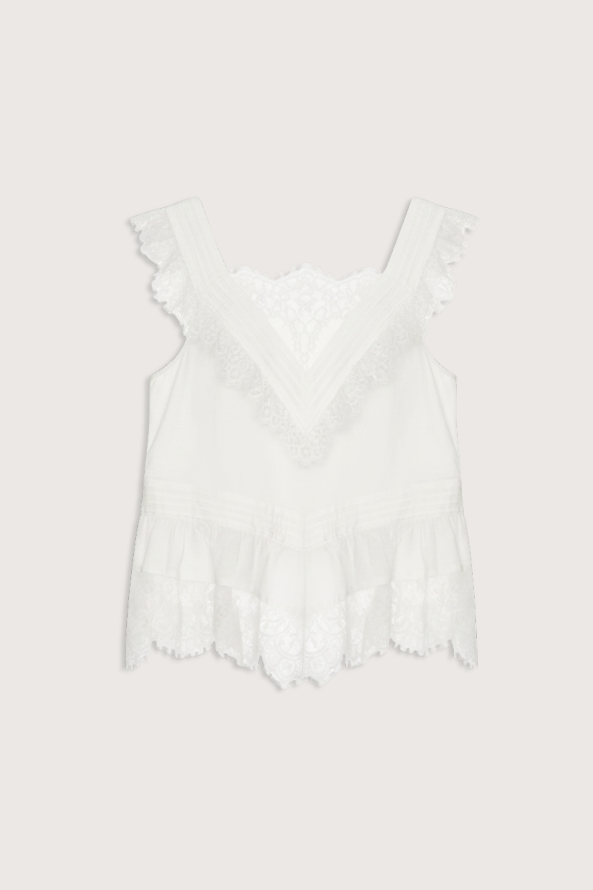 flat lay Hilda Solid Sleeveless Top White Soft v-neckline
Framed with floral lace trim
Fine pleated detailing
cotton nylon blend
Invisible side zipper