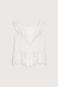 flat lay Hilda Solid Sleeveless Top White Soft v-neckline
Framed with floral lace trim
Fine pleated detailing
cotton nylon blend
Invisible side zipper