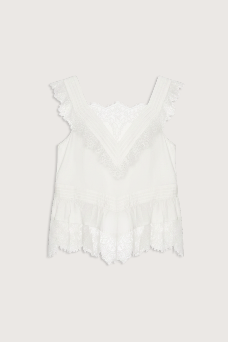 flat lay Hilda Solid Sleeveless Top White Soft v-neckline
Framed with floral lace trim
Fine pleated detailing
cotton nylon blend
Invisible side zipper