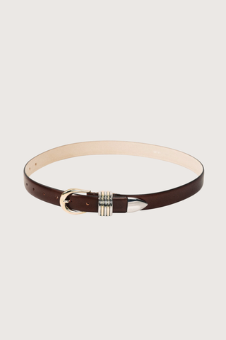 flat lay Hollyhock Belt Mixed Metal Brown 5 rings adornments with 10 holes
Extended strap length to accommodate a broader range of sizes
Meticulously crafted from Italian leather and silver and 24K gold hardware
Handcrafted in Italy
Features 10 holes for versatile sizing
24K Gold Plated and Silver Hardware
Genuine suede lining
1" Width