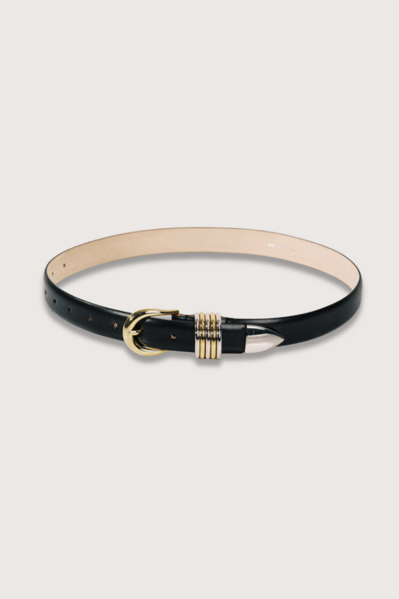 flat lay Hollyhock Mixed Metal Belt leather black stacked metal ring detail