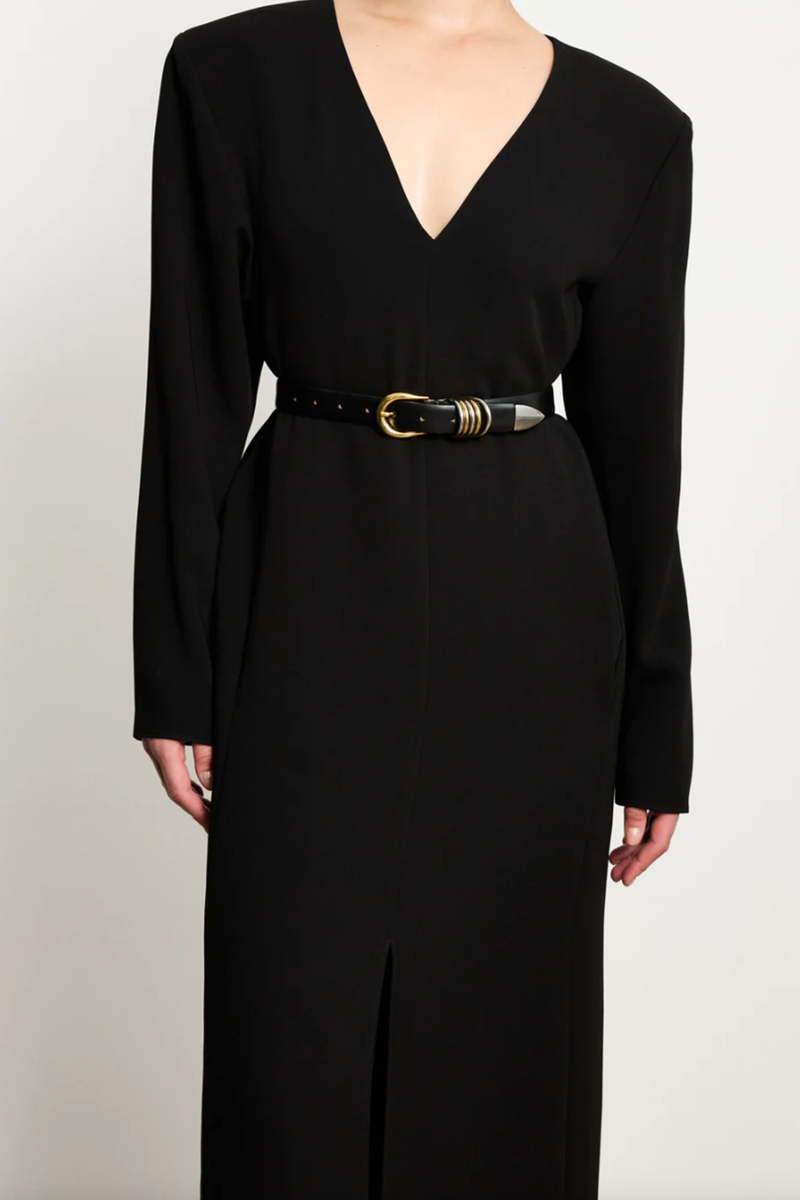 model wearing Hollyhock Mixed Metal Belt leather black stacked metal ring detail