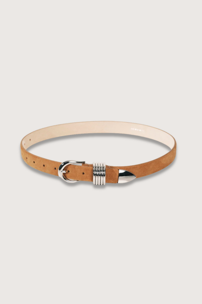 flat lay Hollyhock Suede leather belt caramel with stack metal ring detail