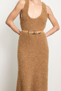 model wearing Hollyhock Suede leather belt caramel with stack metal ring detail