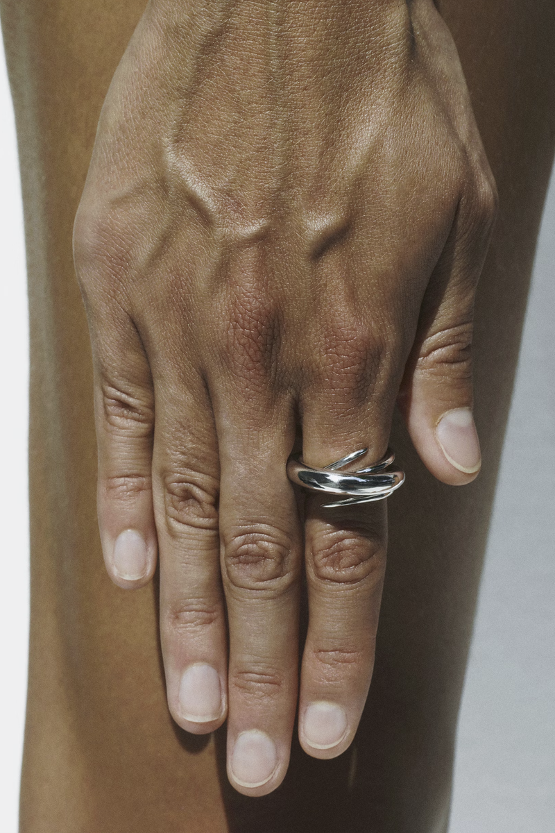 model wearing Hurly Burly Ring  Silver 925 Rhodium Plated Sterling Silver