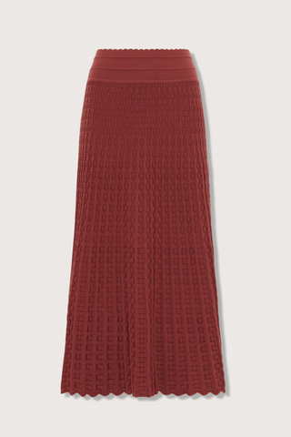 flat lay Iconic Thelma Skirt Match With Baguette angelina rust Fine-knit Mid length skirt Softly pleated, springy knit High waist Basketweave stitch Scalloped waistband