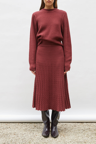 front profile model wearing Iconic Thelma Skirt Match With Baguette angelina rust Fine-knit Mid length skirt Softly pleated, springy knit High waist Basketweave stitch Scalloped waistband