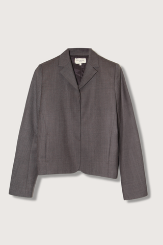 flat lay Iman Shrunken Blazer brown wool suiting Shrunken silhouette, Full length sleeves, High break lapel