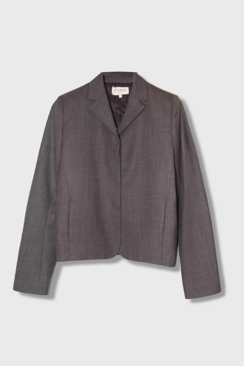 flat lay Iman Shrunken Blazer brown wool suiting Shrunken silhouette, Full length sleeves, High break lapel