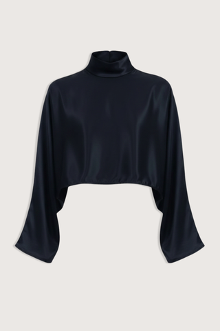 flat lay Ingrid Mock Neck Crop Top Black High neck
Clean hem design
Crop length
Flare sleeve
73% Acetate 27% Polyester