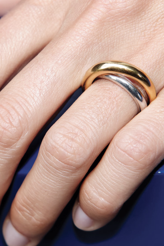 model wearing Initial Ring  Vermeil / Rhodium Plated Silver Yellow vermeil 18 karats and 925 Rhodium Plated Sterling Silver