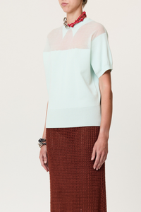 side profile model wearing Intarsia Crew Neck Top powder blue intarrsia crew neck knit
Short sleeves
Ribbed hem